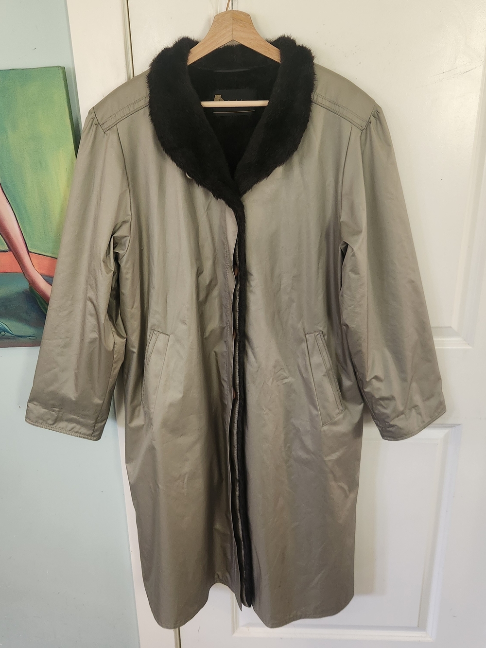 Womens Taupe Trench Coat with Black Fur Collar
